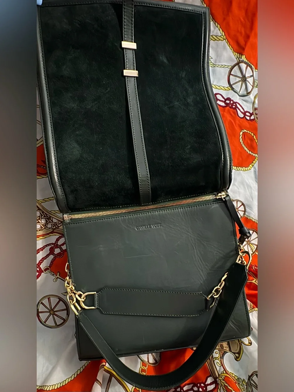 Camille Vost Detached topDark Green Suede and leather crossbody with Gold accent